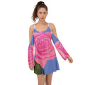 Pink Blue Rose Kimono Sleeves Boho Dress - dresses - Sharon Tatem LLC.