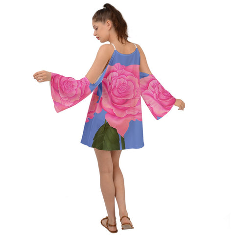 Pink Blue Rose Kimono Sleeves Womens Boho Dress - dresses - Sharon Tatem LLC.