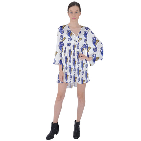 Boho Mini Dress Seahorse Fashion V-Neck Flare Sleeve Mini Dress - dresses - Sharon Tatem LLC.