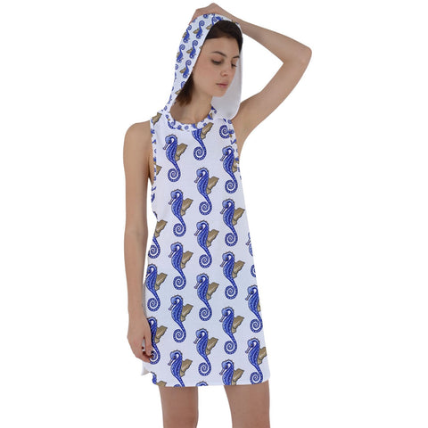 Blue Seahorses Custom Racer Back Hoodie Dress - dresses - Sharon Tatem LLC.