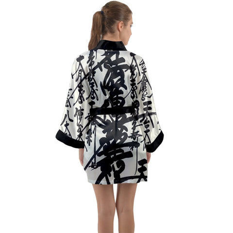 Oriental Long Sleeve Satin Kimono Black and White - bathrobes - Sharon Tatem LLC.