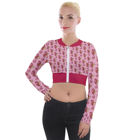 Long Sleeve Cropped Velvet Jacket Pink Seahorses - dresses - Sharon Tatem LLC.