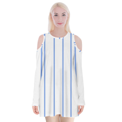 Blue Stripe Winter Velvet Long Sleeve Shoulder Cutout Dress - dresses - Sharon Tatem LLC.