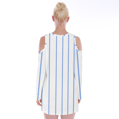 Blue Stripe Winter Velvet Long Sleeve Shoulder Cutout Dress - dresses - Sharon Tatem LLC.