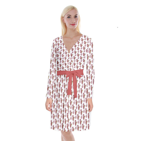 Red Seahorse Patter Long Sleeve Velvet Front Wrap Dress - dresses - Sharon Tatem LLC.