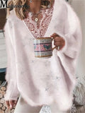Lace V-Neck Pullover Sweater Streetwear Ladies Long Sleeve Oversize Casual Loose Sweater Tops - Pullovers - Sharon Tatem LLC.