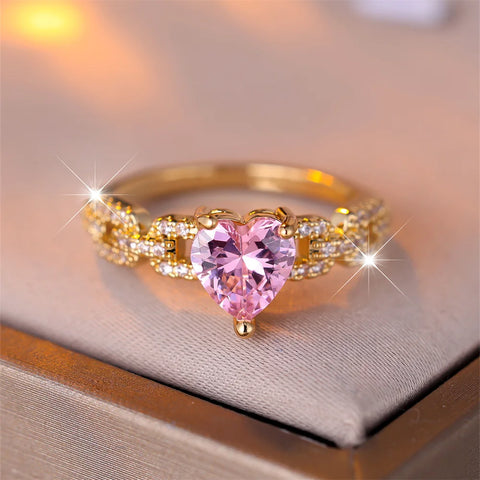 Heart Engagement Ring Elegant Pink Crystal Heart Stone Ring Romantic Love Heart Engagement Rings For Women Dainty Gold Color Wedding Band Boho Jewelry - heart ring, ring, jewelry, gold ring, pink ring - Sharon Tatem LLC.