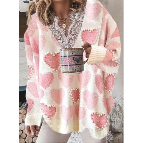 Fashion Sweaters Women Autumn Winter Lace V Neck Heart Print Knit Jumper Long Sleeve Loose Pullovers Plus Size - Pullovers - Sharon Tatem LLC.