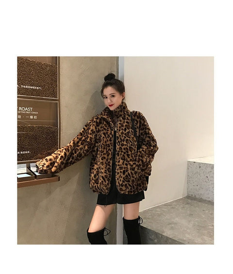 Winter Leopard Print Jacket Women's Stand collar Warm Parkas Outwear 2022 New Autumn Winter Korean Female Loose Faux Fur Coats - Faux Fur - Sharon Tatem LLC.