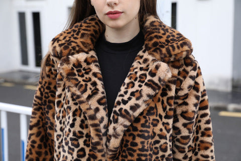 Winter Women's Faux Fur Leopard Print Rabbit Tailored Collar Warm Thick X-Long Coat Long Sleeve Hipster Jacket - Faux Fur - Sharon Tatem LLC.