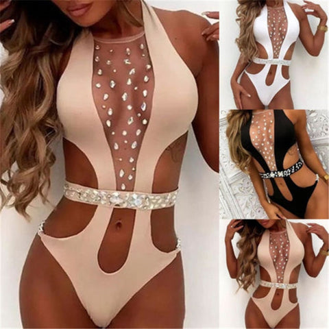 New Women Sexy Swimsuit Shiny Swimwear With Rhinestone Belt Chest Diamond-Studded Bikinis Halter Hollow Summer Bather S-XL - Bodysuits one piece - Sharon Tatem LLC.