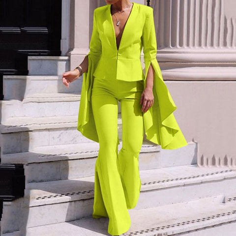 2PCS Elegant Sets 2023 Fashion Casual Solid Color Party Pants Suits Women Flare Sleeve V Neck Tops and Long Bell Bottoms - Home - Sharon Tatem LLC.