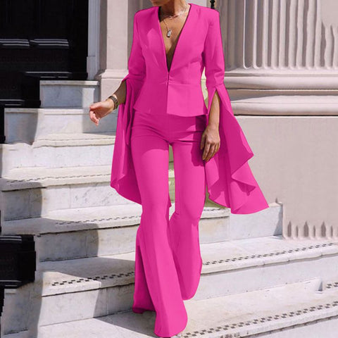 2PCS Elegant Sets 2023 Fashion Casual Solid Color Party Pants Suits Women Flare Sleeve V Neck Tops and Long Bell Bottoms - Home - Sharon Tatem LLC.