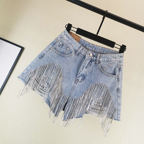 Summer Ripped Jeans Short Femme High Waist Diamond Tassel Y2k Casual Bottoms For Ladies Denim Shorts Women Clothing Fashion - Shorts - Sharon Tatem LLC.
