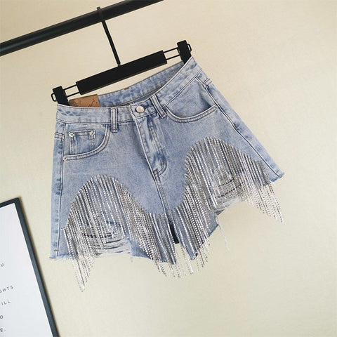 Summer Ripped Jeans Short Femme High Waist Diamond Tassel Y2k Casual Bottoms For Ladies Denim Shorts Women Clothing Fashion - Shorts - Sharon Tatem LLC.