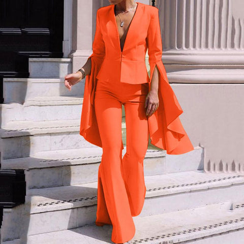2PCS Elegant Sets 2023 Fashion Casual Solid Color Party Pants Suits Women Flare Sleeve V Neck Tops and Long Bell Bottoms - Home - Sharon Tatem LLC.