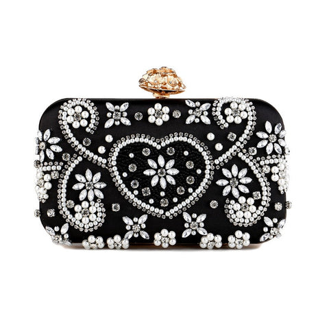 Satin Vintage Women Evening Bags Metal Flower Luxury Diamonds Clutch Black Color Rhinestones Chain Shoulder Handbags - Home - Sharon Tatem LLC.