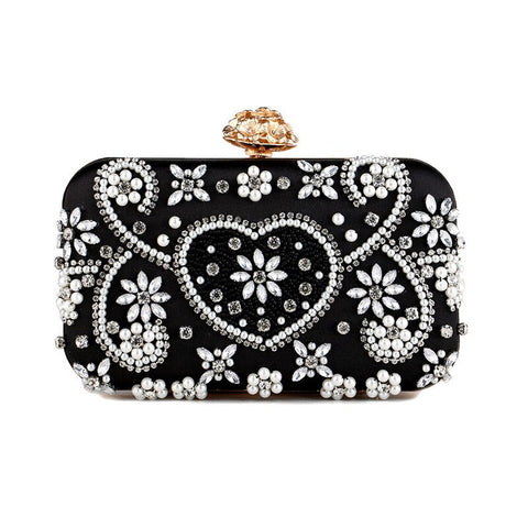 Satin Vintage Women Evening Bags Metal Flower Luxury Diamonds Clutch Black Color Rhinestones Chain Shoulder Handbags Night Bag - Home - Sharon Tatem LLC.