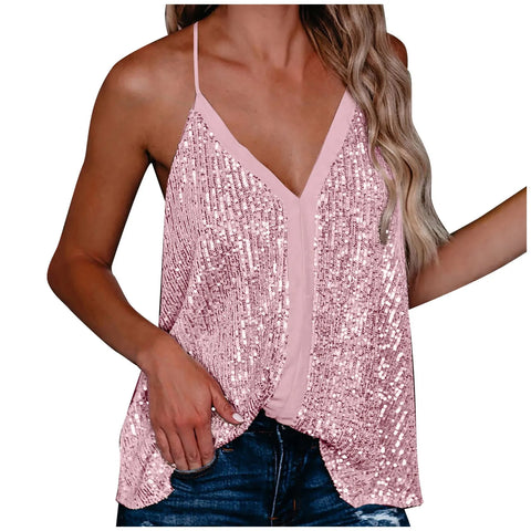 Women Fashion V Neck Party Sequin Strap Loose Casual Sleeveless Tunic Tank Tops Beautiful Sexy High Quality Vest Fast Shipping -  - Sharon Tatem LLC.