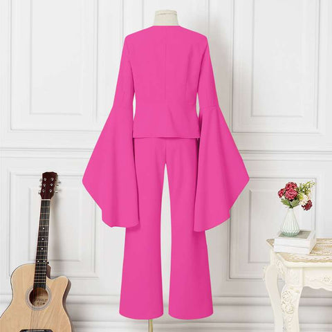 2PCS Elegant Sets 2023 Fashion Casual Solid Color Party Pants Suits Women Flare Sleeve V Neck Tops and Long Bell Bottoms - Home - Sharon Tatem LLC.