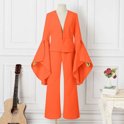 2PCS Elegant Sets 2023 Fashion Casual Solid Color Party Pants Suits Women Flare Sleeve V Neck Tops and Long Bell Bottoms - Home - Sharon Tatem LLC.