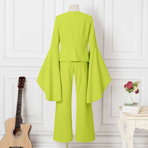 2PCS Elegant Sets 2023 Fashion Casual Solid Color Party Pants Suits Women Flare Sleeve V Neck Tops and Long Bell Bottoms - Home - Sharon Tatem LLC.
