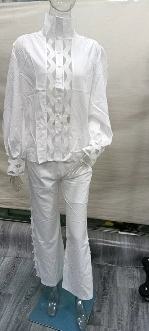 Two Piece Pants Sets Sexy Hollow Out  Women Autumn Clothing Stand Collar Lantern Sleeve Shirt Pants Suits Casual 2 Pieces Outfits - Home - Sharon Tatem LLC.