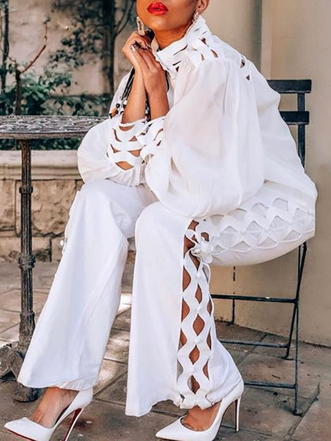 Two Piece Pants Sets Sexy Hollow Out  Women Autumn Clothing Stand Collar Lantern Sleeve Shirt Pants Suits Casual 2 Pieces Outfits - Home - Sharon Tatem LLC.