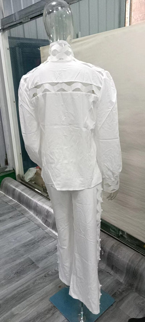 Two Piece Pants Sets Sexy Hollow Out  Women Autumn Clothing Stand Collar Lantern Sleeve Shirt Pants Suits Casual 2 Pieces Outfits - Home - Sharon Tatem LLC.