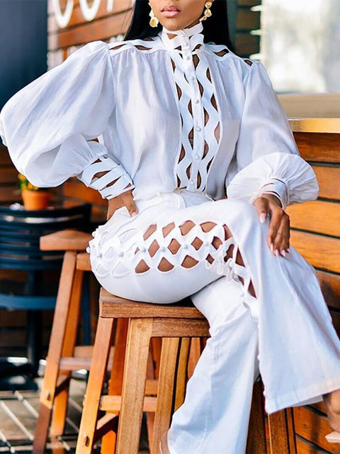 Two Piece Pants Sets Sexy Hollow Out  Women Autumn Clothing Stand Collar Lantern Sleeve Shirt Pants Suits Casual 2 Pieces Outfits - Home - Sharon Tatem LLC.