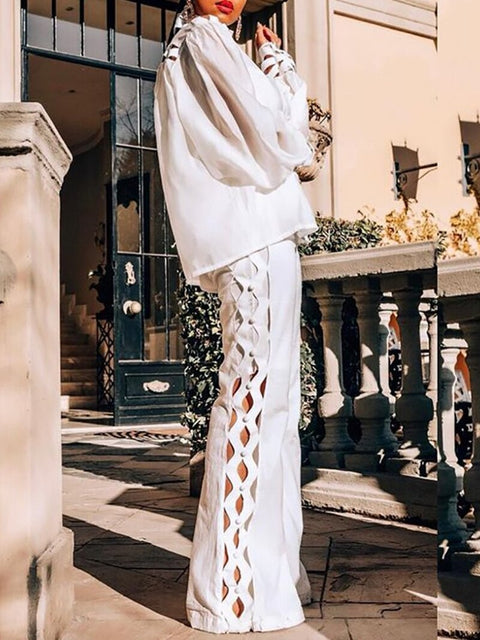 Two Piece Pants Sets Sexy Hollow Out  Women Autumn Clothing Stand Collar Lantern Sleeve Shirt Pants Suits Casual 2 Pieces Outfits - Home - Sharon Tatem LLC.