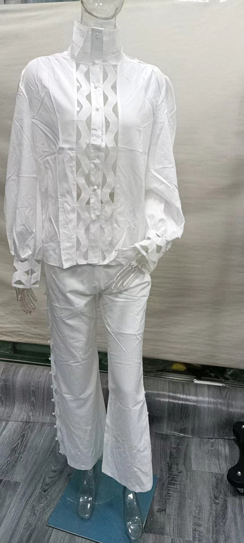 Two Piece Pants Sets Sexy Hollow Out  Women Autumn Clothing Stand Collar Lantern Sleeve Shirt Pants Suits Casual 2 Pieces Outfits - Home - Sharon Tatem LLC.