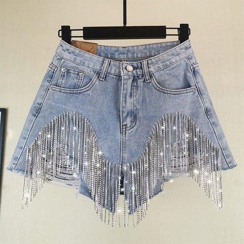 Summer Ripped Jeans Short Femme High Waist Diamond Tassel Y2k Casual Bottoms For Ladies Denim Shorts Women Clothing Fashion - Shorts - Sharon Tatem LLC.