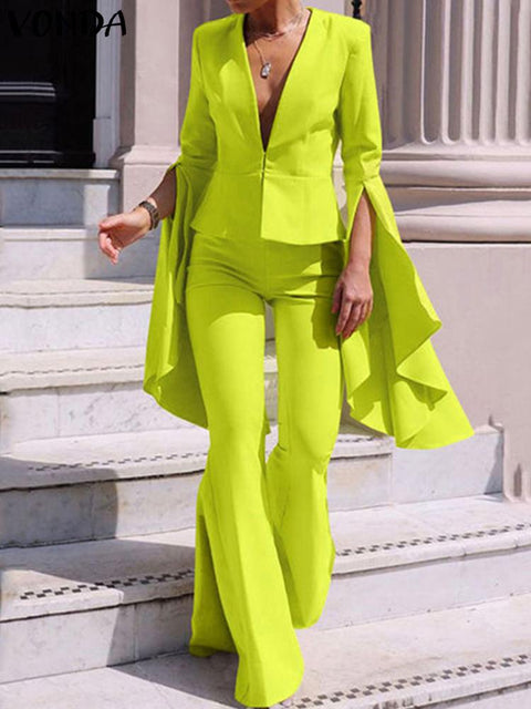 2PCS Elegant Sets 2023 Fashion Casual Solid Color Party Pants Suits Women Flare Sleeve V Neck Tops and Long Bell Bottoms - Home - Sharon Tatem LLC.