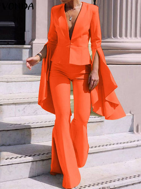 2PCS Elegant Sets 2023 Fashion Casual Solid Color Party Pants Suits Women Flare Sleeve V Neck Tops and Long Bell Bottoms - Home - Sharon Tatem LLC.