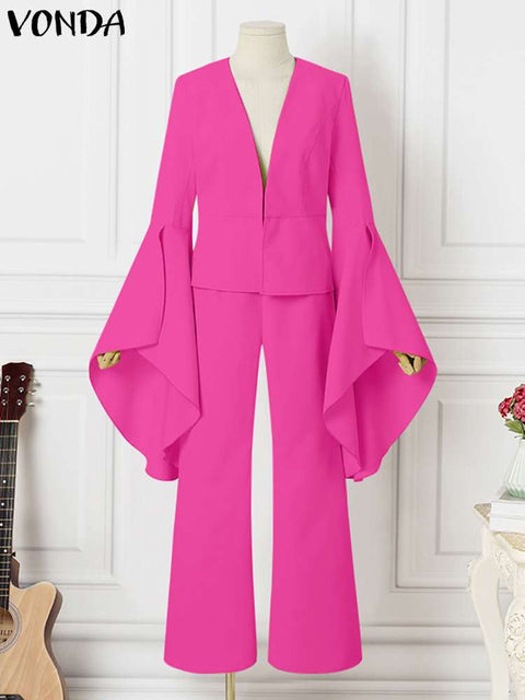 2PCS Elegant Sets 2023 Fashion Casual Solid Color Party Pants Suits Women Flare Sleeve V Neck Tops and Long Bell Bottoms - Home - Sharon Tatem LLC.