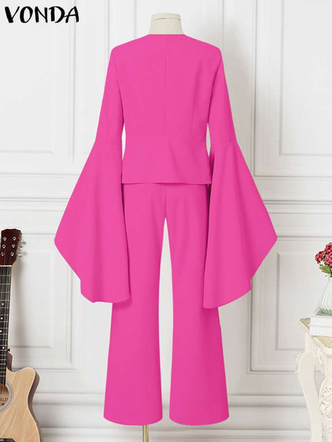 2PCS Elegant Sets 2023 Fashion Casual Solid Color Party Pants Suits Women Flare Sleeve V Neck Tops and Long Bell Bottoms - Home - Sharon Tatem LLC.