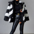 Black Faux Rabbit Fur Coat Luxury Fur Coat Artificial Fur Stitching Jackets Women Turn-down Collar Coat Plush Over Coats - Faux Fur - Sharon Tatem LLC.