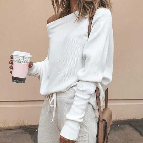 Loose sweater tops pullover Fashion autumn off shoulder knitted sweater  white -  - Sharon Tatem LLC.