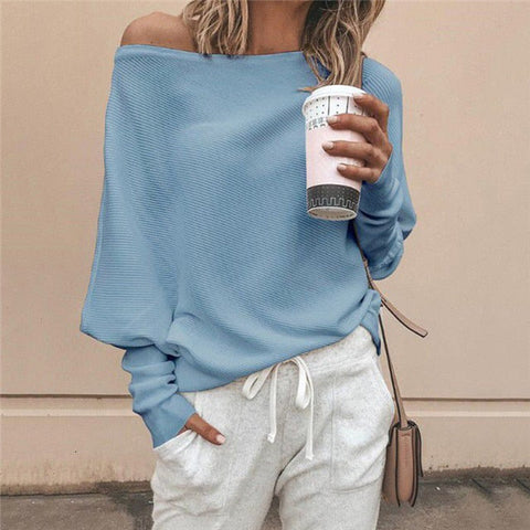 Loose sweater tops pullover Fashion autumn off shoulder knitted sweater  white -  - Sharon Tatem LLC.
