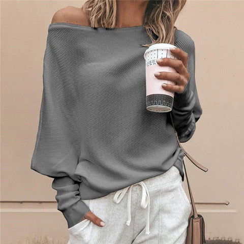Loose sweater tops pullover Fashion autumn off shoulder knitted sweater  white -  - Sharon Tatem LLC.