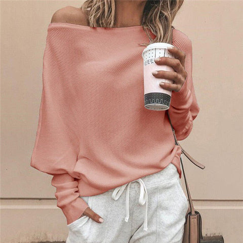 Loose sweater tops pullover Fashion autumn off shoulder knitted sweater  white -  - Sharon Tatem LLC.