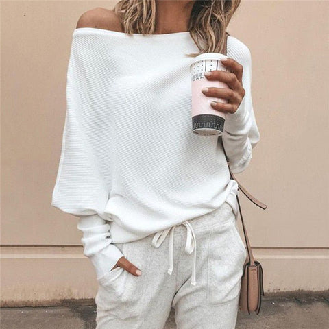 Loose sweater tops pullover Fashion autumn off shoulder knitted sweater  white -  - Sharon Tatem LLC.