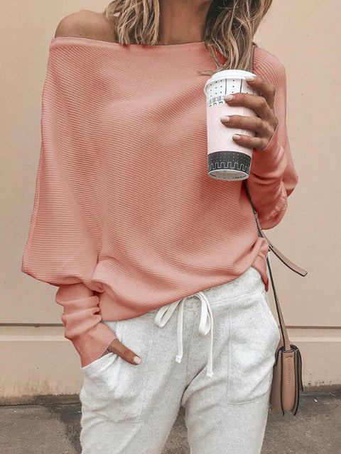 Loose sweater tops pullover Fashion autumn off shoulder knitted sweater  white -  - Sharon Tatem LLC.