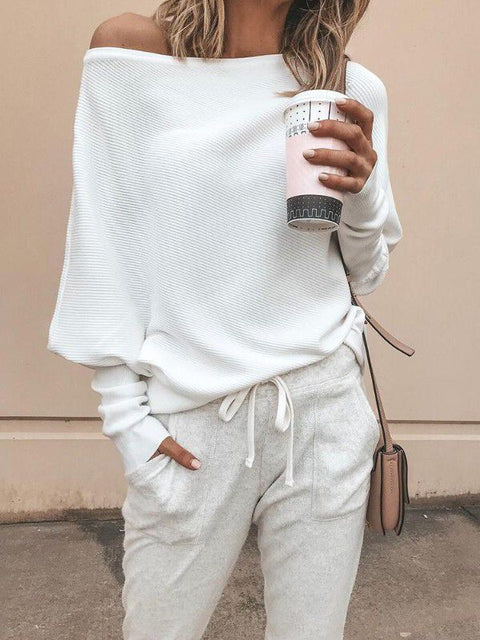 Loose sweater tops pullover Fashion autumn off shoulder knitted sweater  white -  - Sharon Tatem LLC.