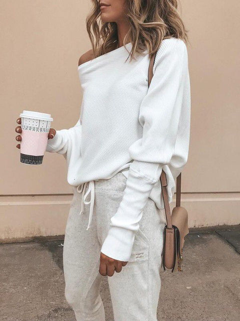 Loose sweater tops pullover Fashion autumn off shoulder knitted sweater  white -  - Sharon Tatem LLC.