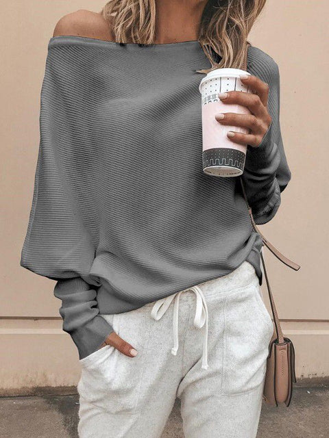 Loose sweater tops pullover Fashion autumn off shoulder knitted sweater  white -  - Sharon Tatem LLC.