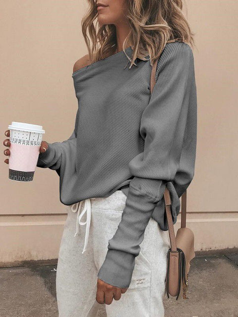 Loose sweater tops pullover Fashion autumn off shoulder knitted sweater  white -  - Sharon Tatem LLC.