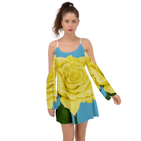 Yellow Aqua Rose Kimono Sleeves Womens Boho Dress - dresses - Sharon Tatem LLC.